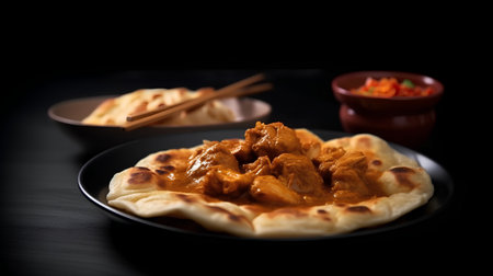 Indian chicken tikka masala served with naan bread.の素材
