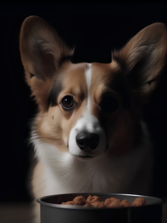Corgi dog eating food from a bowl on a black backgroundの素材