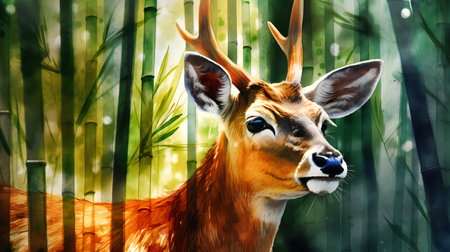 Digital painting of a deer in a bamboo forest. Digital painting of an animal.の素材