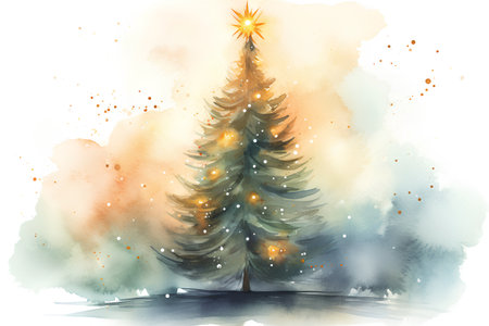 Watercolor Christmas tree on watercolor background. Hand drawn illustration.の素材