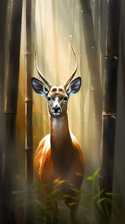 Portrait of a deer in the bamboo forest. Digital painting.の素材