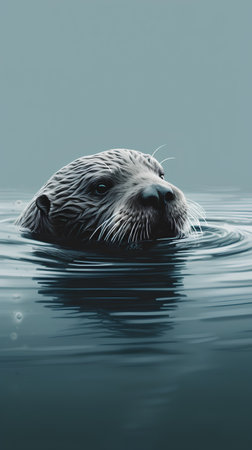 Cute otter swimming in water, close-up portrait.の素材