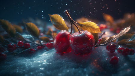 Frozen berries on snow. Christmas and New Year concept. 3D Renderingの素材
