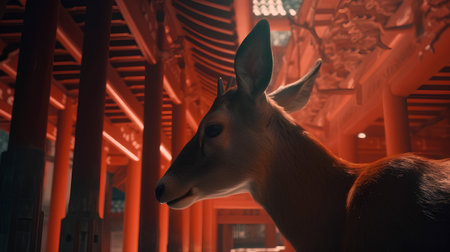 The deer in the red torii gate of the Fushimi Inari Taisha Shrine in Kyoto, Japan.の素材
