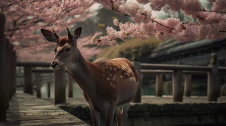 Fallow deer with cherry blossom in Nara, Japan.の素材