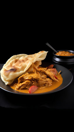 Curry with meat and vegetables on a black background. Indian cuisine.の素材