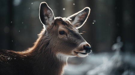Portrait of a young deer in winter forest. Toned.の素材