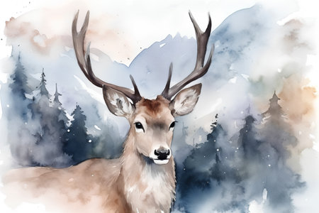 Watercolor illustration of a deer in the mountains. Watercolor painting.の素材