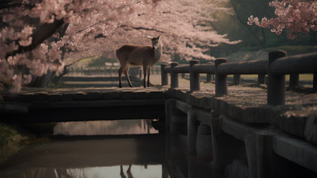 Deer in Nara Park, Japan. Cherry blossom season.の素材