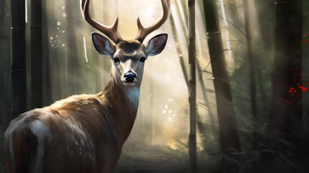 Deer with big antlers in the forest. 3d renderの素材