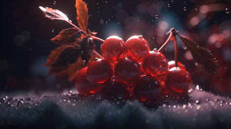 Red berries of viburnum with water drops on a dark backgroundの素材