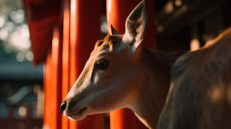 Close up of a young deer in a red torii gate.の素材