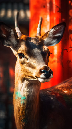 Beautiful portrait of a deer on a background of a red wallの素材