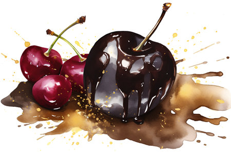 Watercolor cherry and chocolate splashes isolated on white background. Hand drawn illustrationの素材