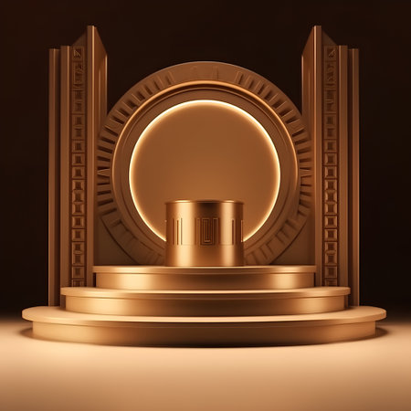 Golden podium for awards ceremony on brown background. 3D rendering.の素材