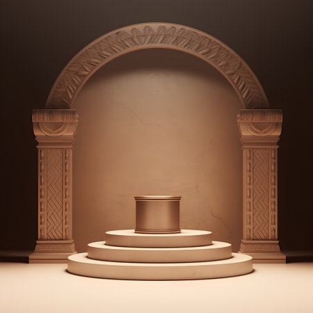 Abstract round podium illuminated by sunlight. Award ceremony concept. 3d renderの素材