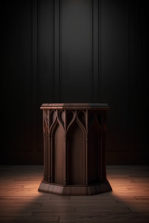 Wooden table in the dark room, 3d render, verticalの素材