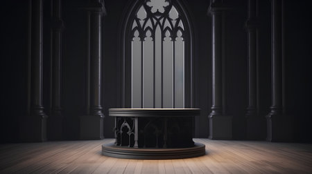 Black interior with a pedestal and columns. 3d render.の素材