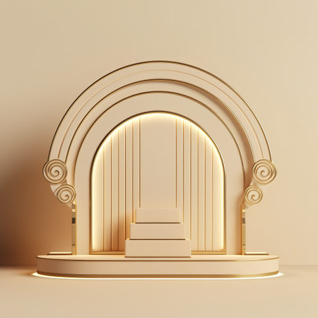 3d render of pedestal podium for product presentation with golden arch and stucco on cream background.の素材