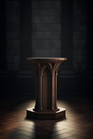 3d rendering of a wooden pedestal in a dark room.の素材