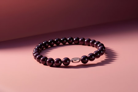 Bracelet made of black beads on a pink background with shadowsの素材