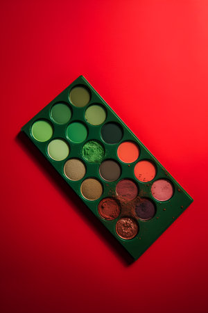 Palette of eyeshadows on red background. Top view.の素材