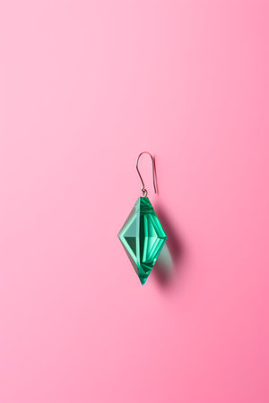 Emerald earring on a pink background. Minimal concept.の素材