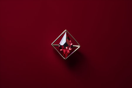 Jewelry diamond ring on a red background. Top view.の素材