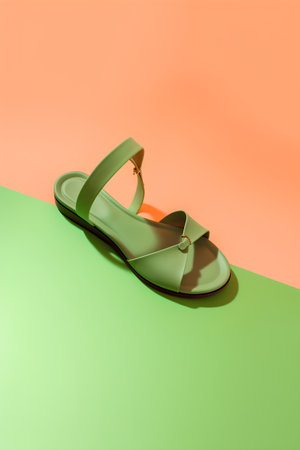 Green leather sandals on a green and orange background. 3d renderingの素材