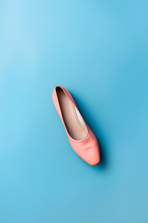 Pink female ballet flats on blue background. Minimal fashion concept.の素材
