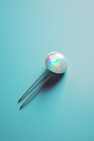 Metal pushpin isolated on blue background. 3d render illustration.の素材