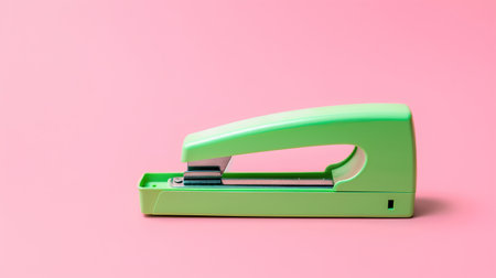Green stapler on a pink background. 3d rendering.の素材