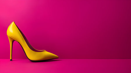 Yellow high heel shoe on pink background. Minimal fashion concept.の素材