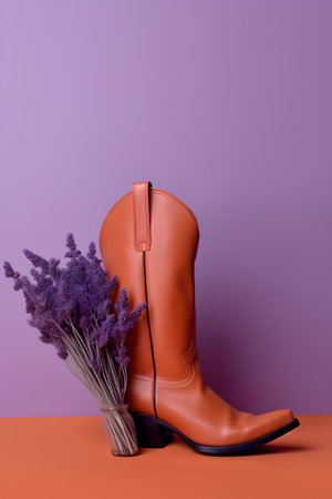 Cowboy boots and lavender bouquet on orange and purple backgroundの素材