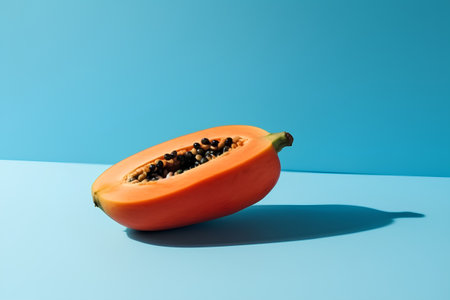 Papaya fruit on blue background. Minimal creative concept.の素材
