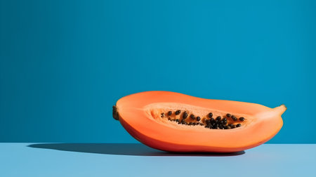 Papaya fruit isolated on blue background. 3d render.の素材