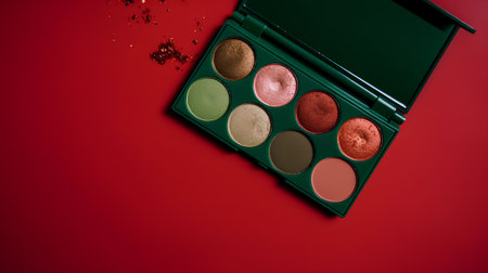 Top view of eyeshadow palette on red background with copy spaceの素材