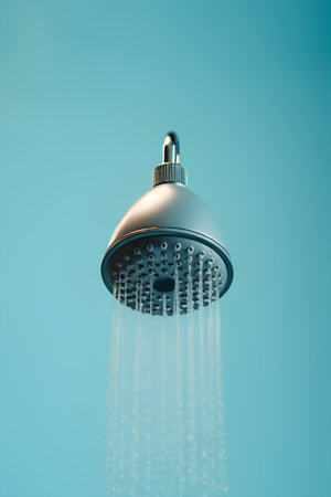 Shower head with water drops. 3d illustration. Minimal style.の素材