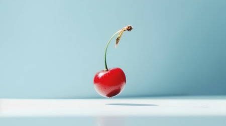 cherry on a blue background with a shadow on a white surfaceの素材