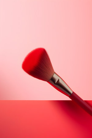 Makeup brush on red background. Beauty and make-up concept.の素材