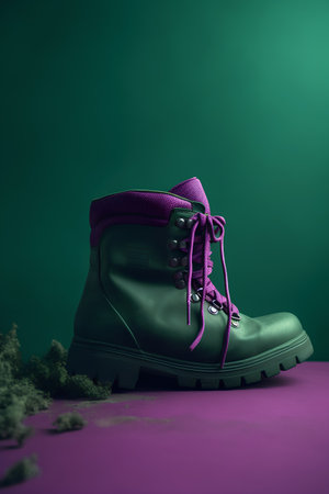 Pair of green hiking boots on a purple background with marijuana.の素材
