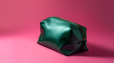 Green leather clutch bag isolated on pink background. 3d rendering.の素材
