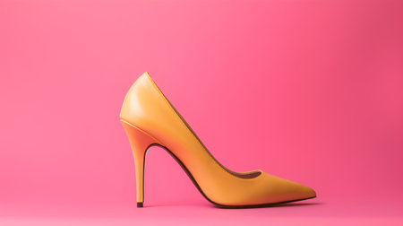 Orange high heel shoe isolated on pink background. 3d illustration.の素材