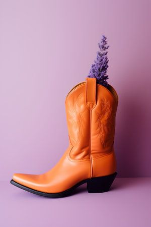 Cowboy boot with lavender flower on purple background. 3d renderingの素材