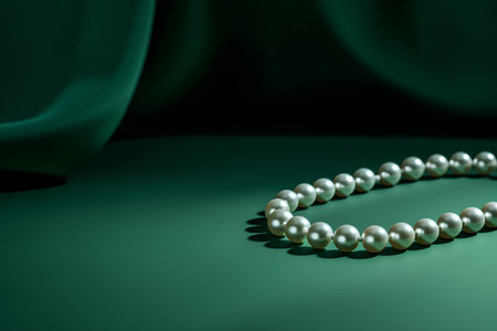 Pearl necklace on a green background. Selective focus. Shallow depth of fieldの素材
