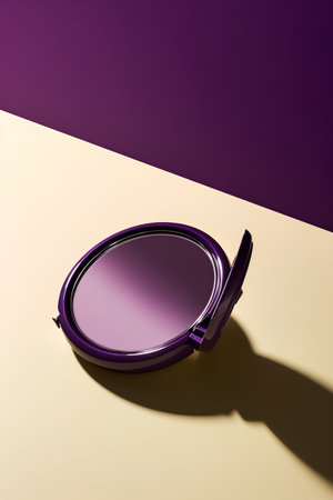 Purple round mirror on a beige background. 3d illustrationの素材