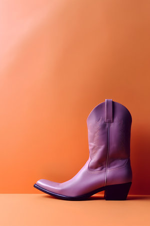 Pair of purple women's boots on an orange background with copy spaceの素材