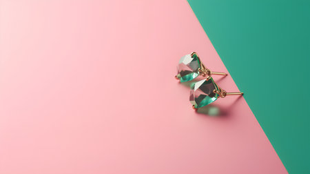 Emerald earrings on pink and green background. Flat lay, top viewの素材