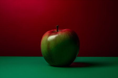 Green apple on a red background. Apple on a green background.の素材