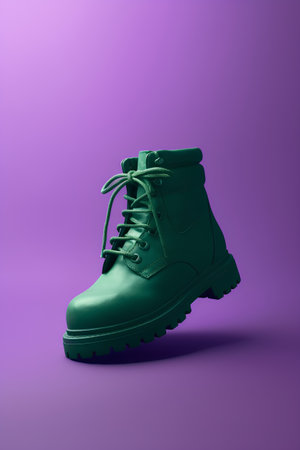 Green boot isolated on purple background. 3d render. Front view.の素材